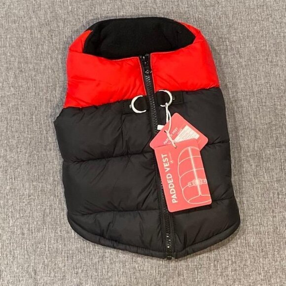 Padded Vest Dog Jacket - Solid Red, Medium - Warm Zip Up Dog Vest Fleece - Picture 2 of 7